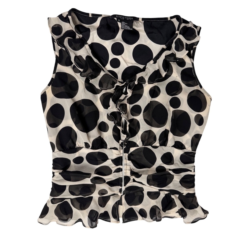 ETCETERA Silk Polka Dot Ruffle Front Zipper Ruched Peplum Top XS (0)